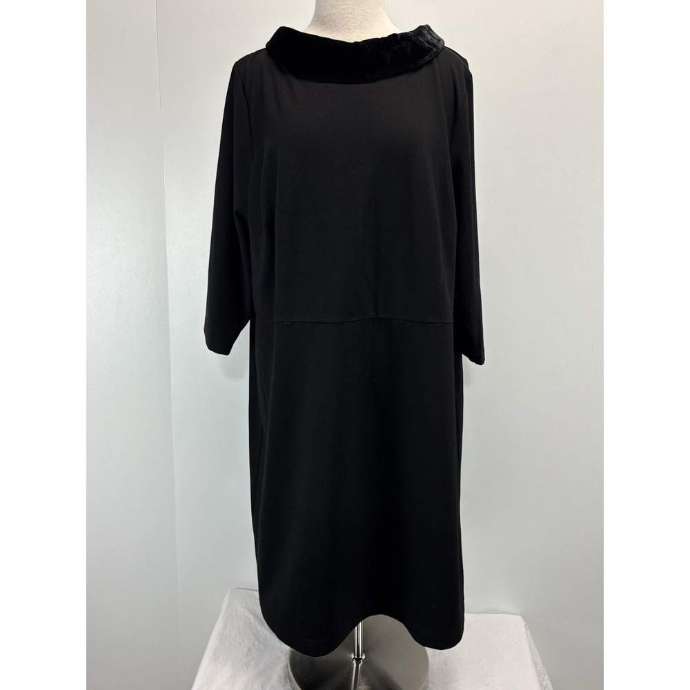 Talbots Jersey Knit Shift Dress Women's 18W Plus Black Velvet Collar 3/4 Sleeves